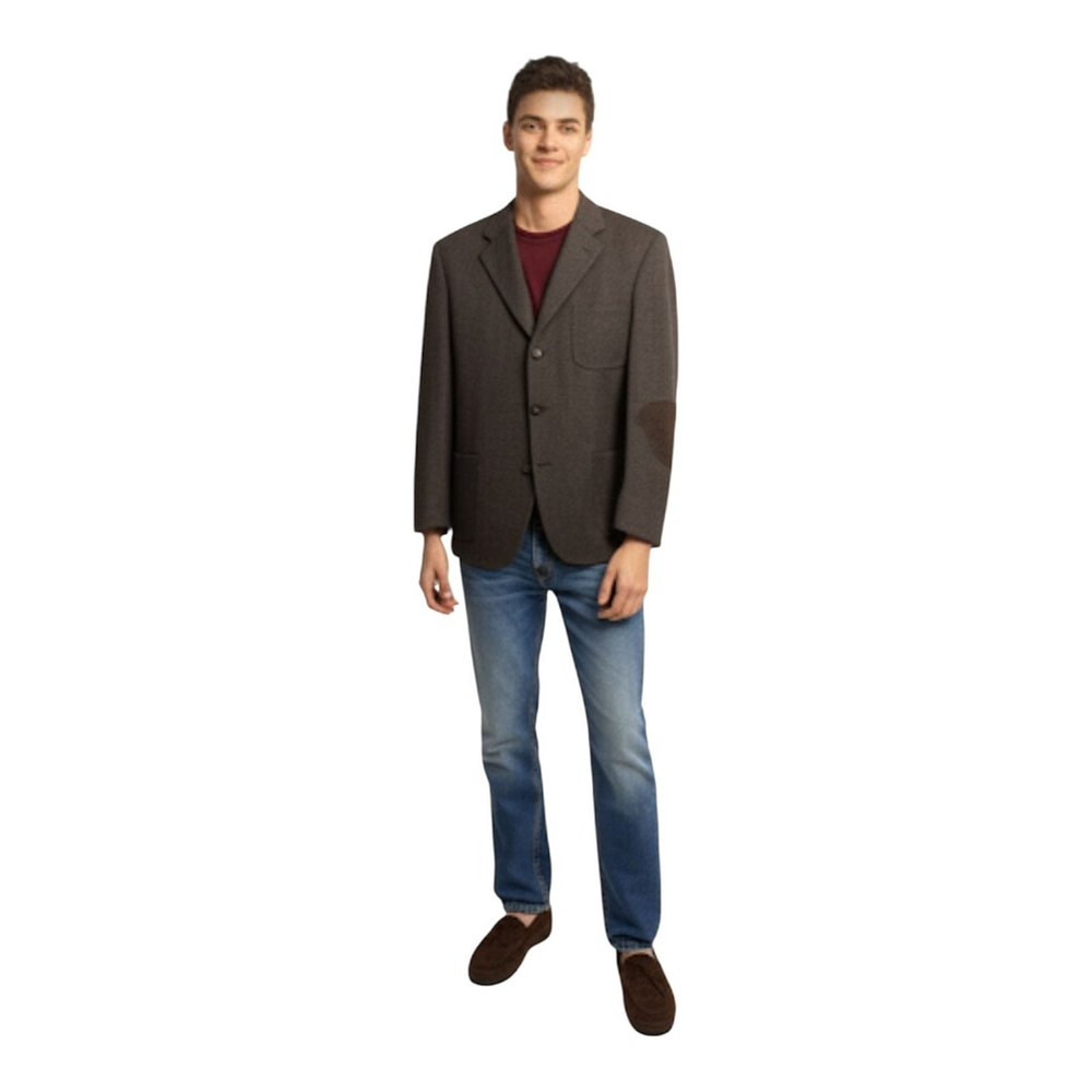 BOGNER Mens Wool Blazer Elbow Patches Jacket Brown Size 42 Missing Button
